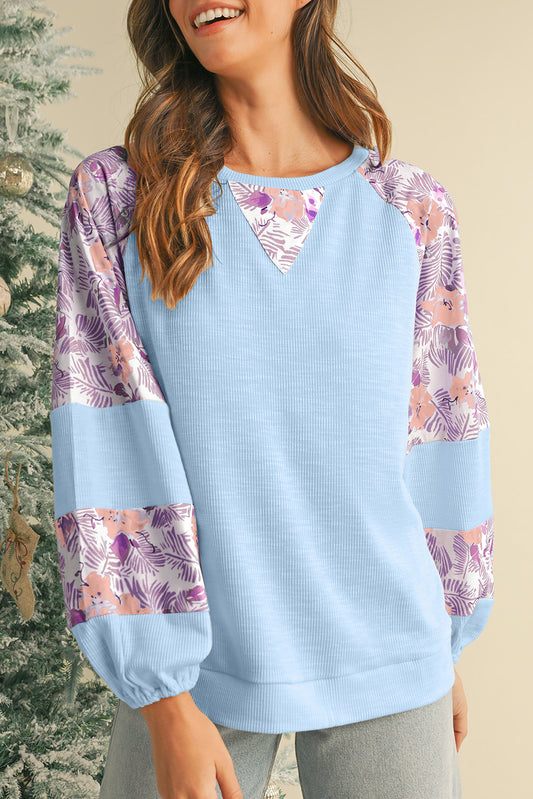 Beau Blue Crinkle Rib Floral Patchwork Balloon Sleeve Top