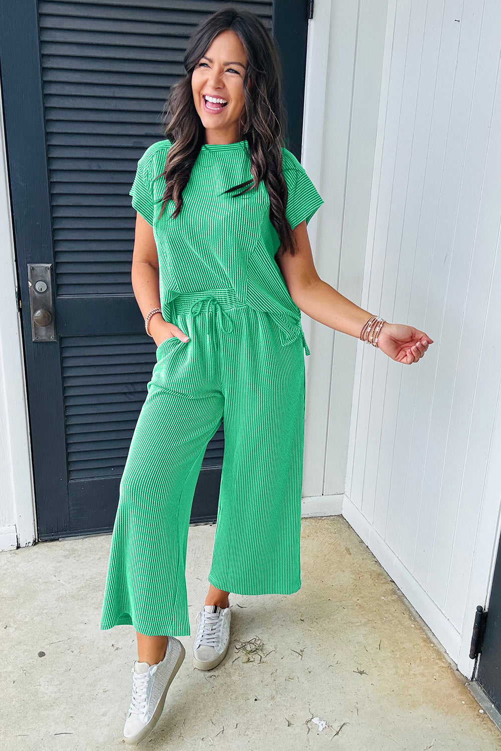 Bright Green Solid Corded T Shirt and Wide Leg Pants Set