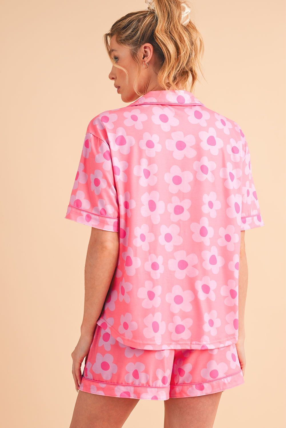 Pink Flower Print Buttoned Shirt And Drawstring Waist Pajama Set