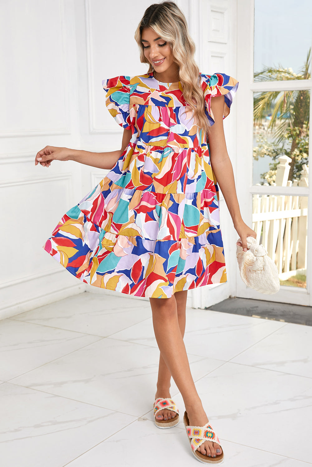 Pink Abstract Printed Flutter Sleeve Tiered Mini Dress