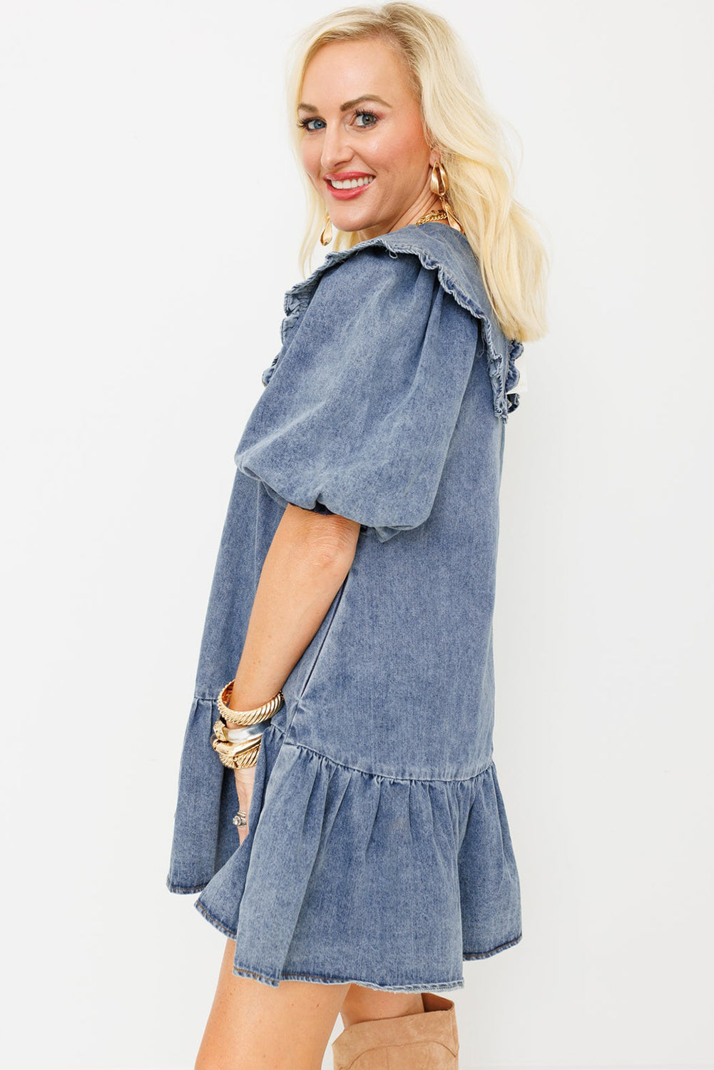 Dusk Blue Ruffle Collar Side Pockets Puff Sleeve Denim Mini Dress