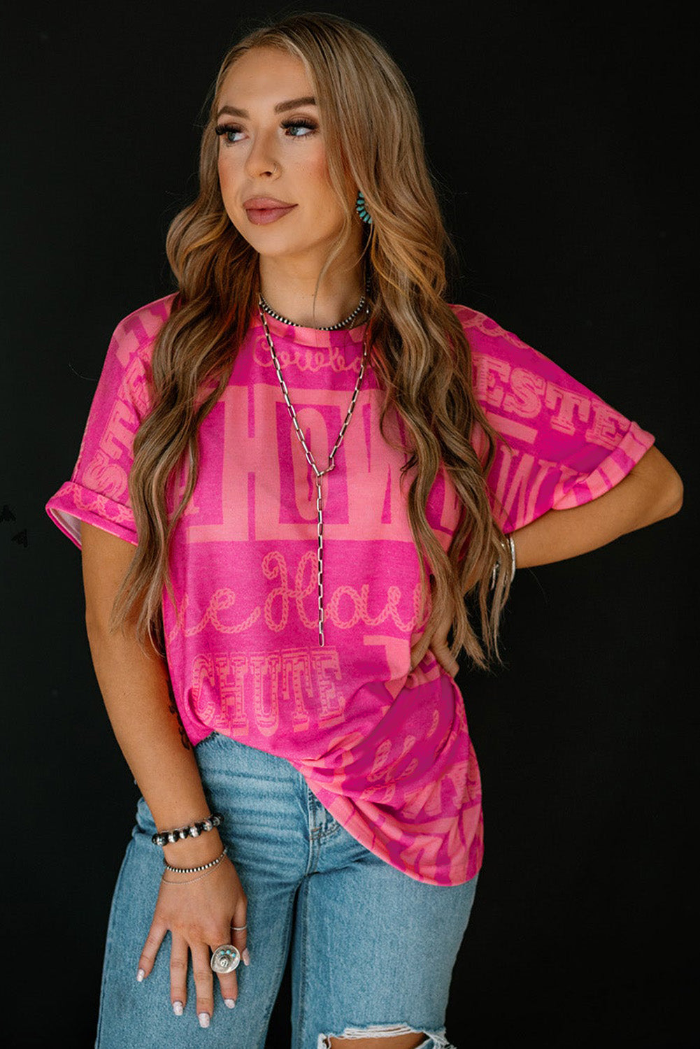 Rose Cowboy Letter Print Graphic Loose Tee