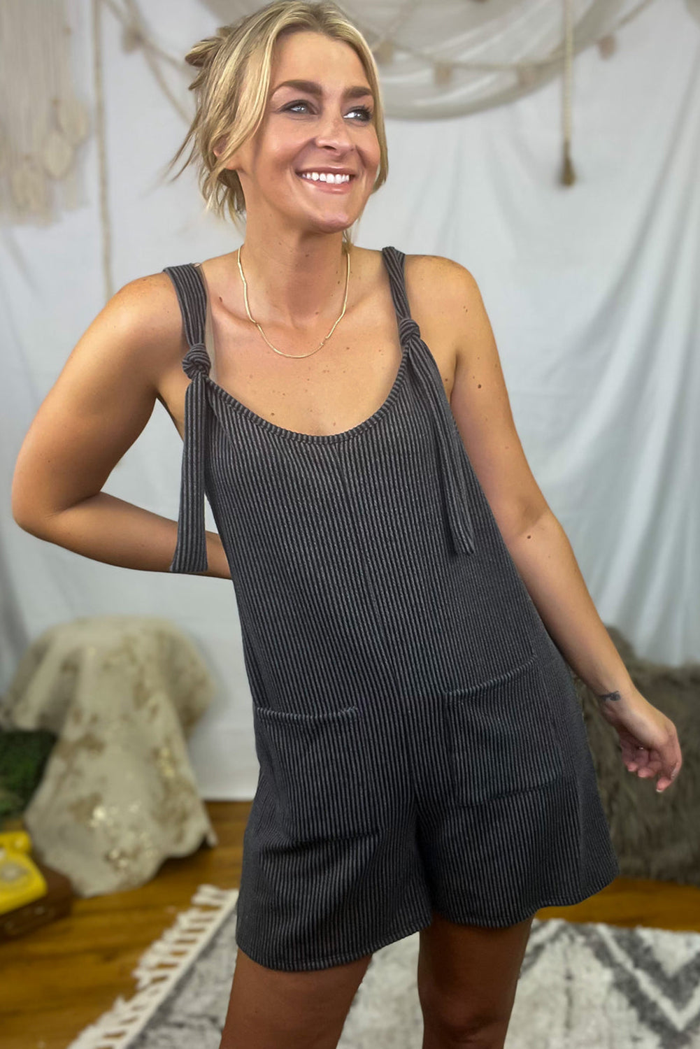 Dark Grey Ribbed Striped Knotted Straps Pocketed Romper