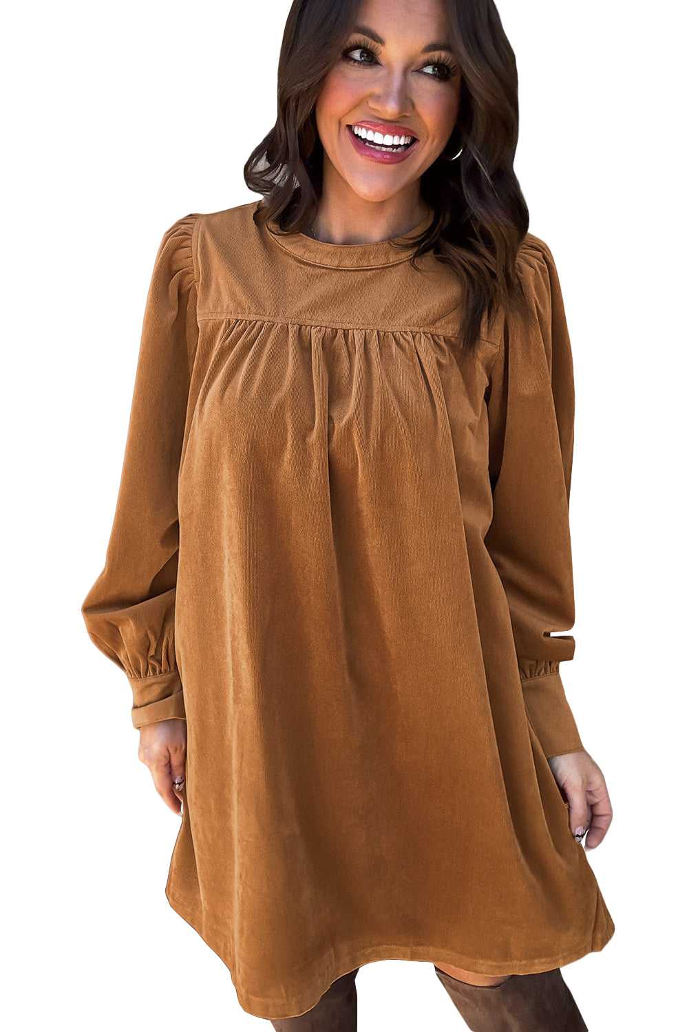 Desert Gold Velvet Pleated Puff Sleeve Shift Short Dress