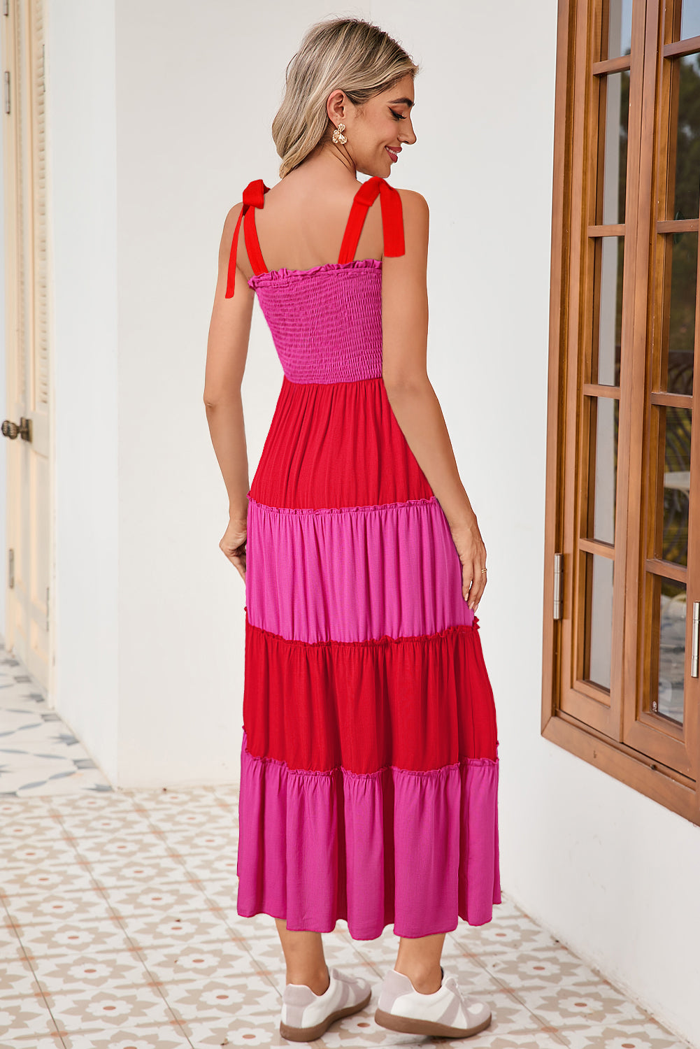 Rose Red Shirred Patchwork Shoulder Tie Straps Long Dress