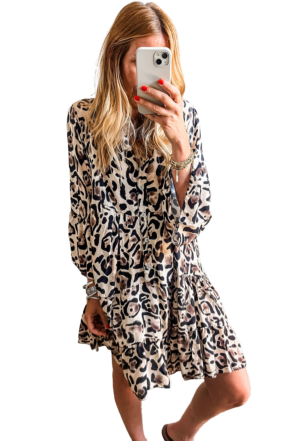 Khaki Leopard Button V Neck Pocket Flowy Mini Dress