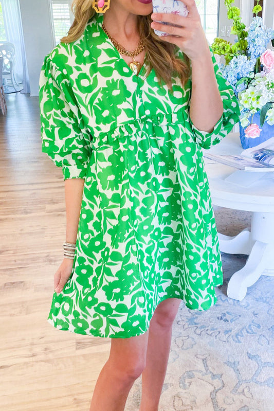 Green Floral Print V Neck Puff Sleeve Babydoll Dress