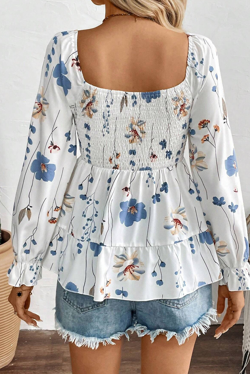 White Floral Shirred Square Neck Long Sleeve Shirt