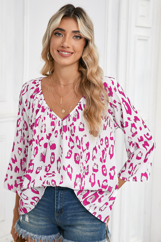 Rose Leopard Print V Neck 3/4 Sleeve Blouse