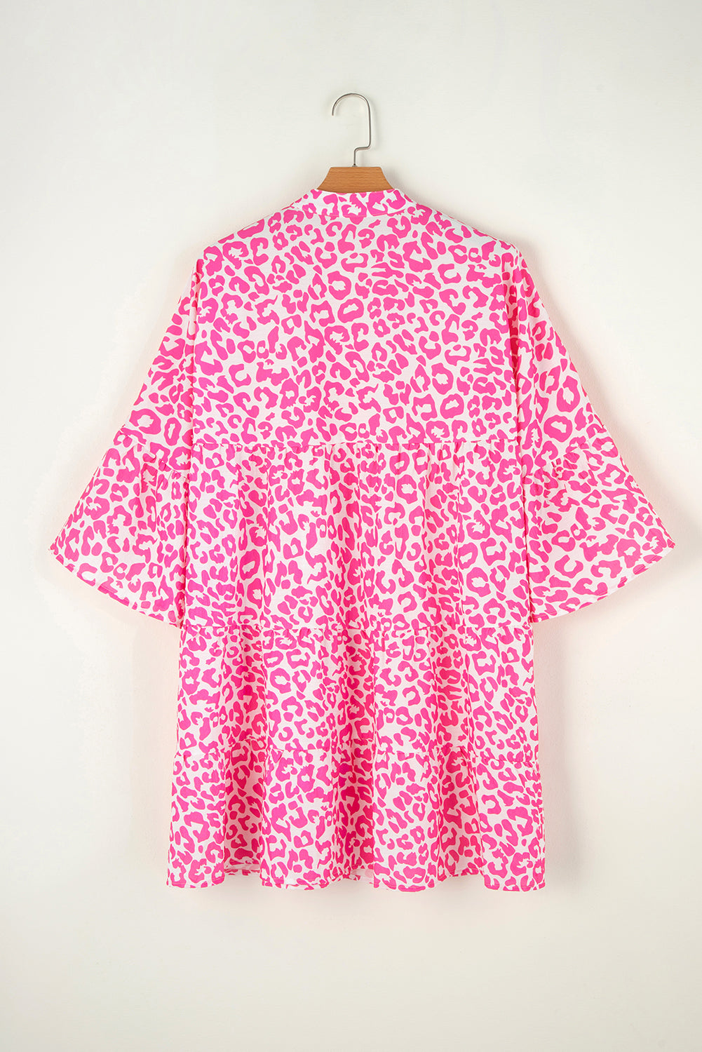 Bright Pink Leopard Print Flounce Sleeve Mini Dress