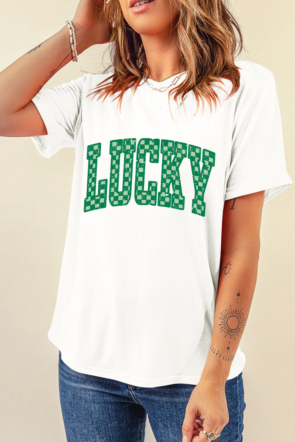 White Checkerboard LUCKY Graphic St Patrick Tee