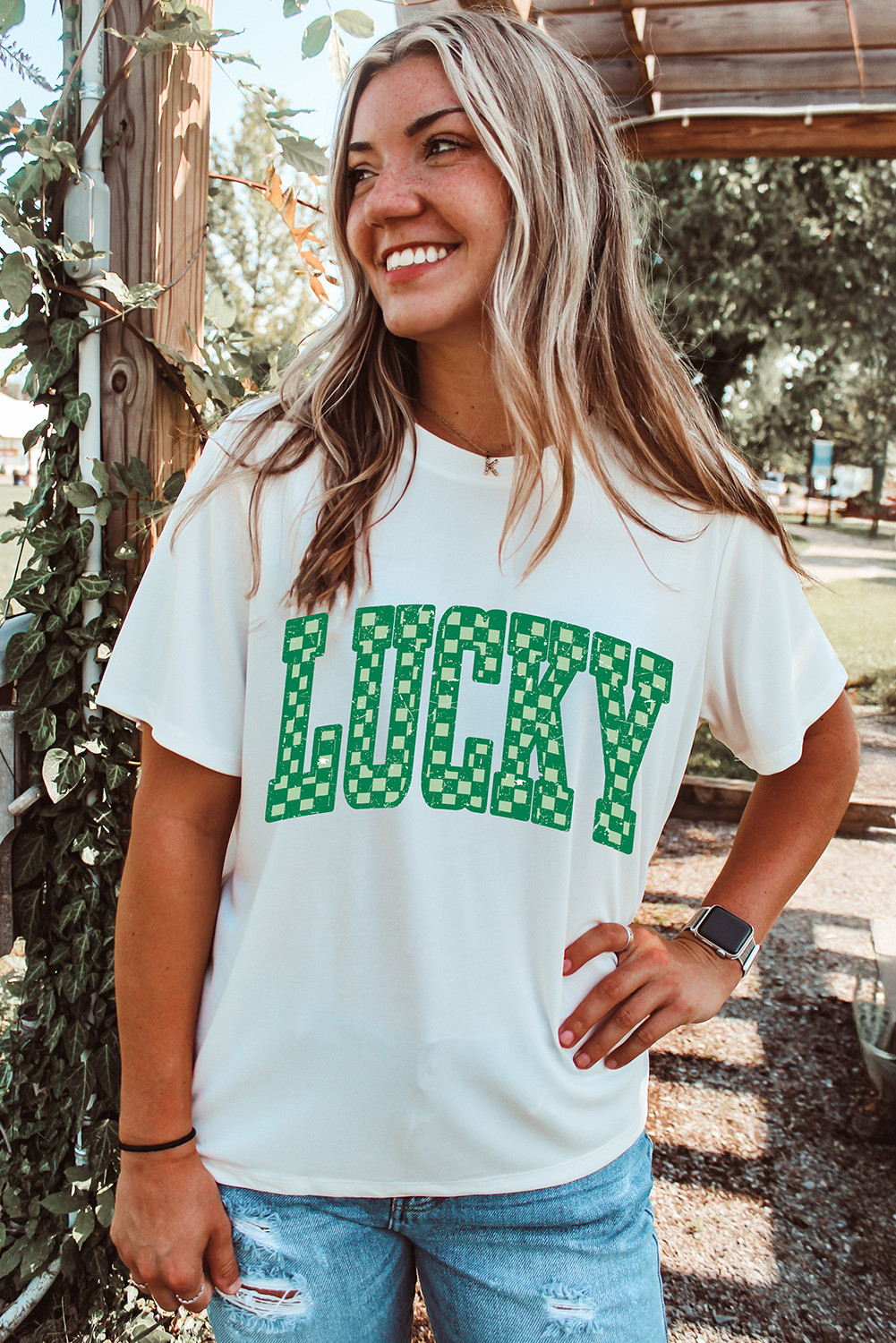 White Checkerboard LUCKY Graphic St Patrick Tee