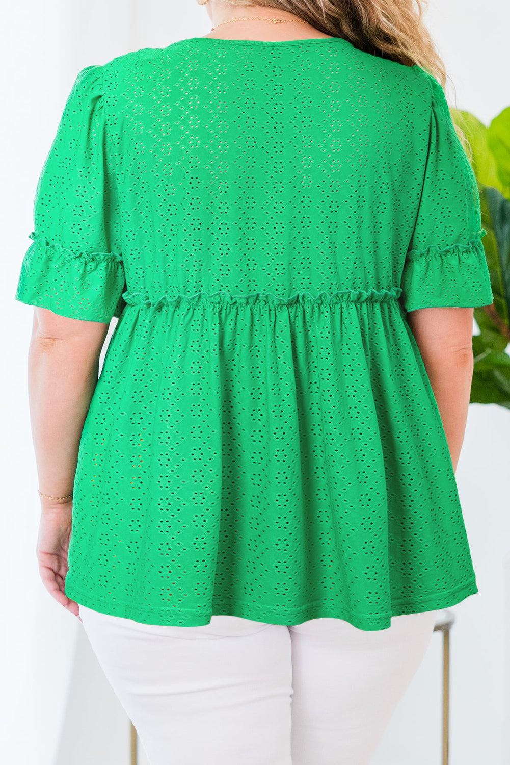 Green Embroidered Eyelet Plus Size Babydoll Blouse