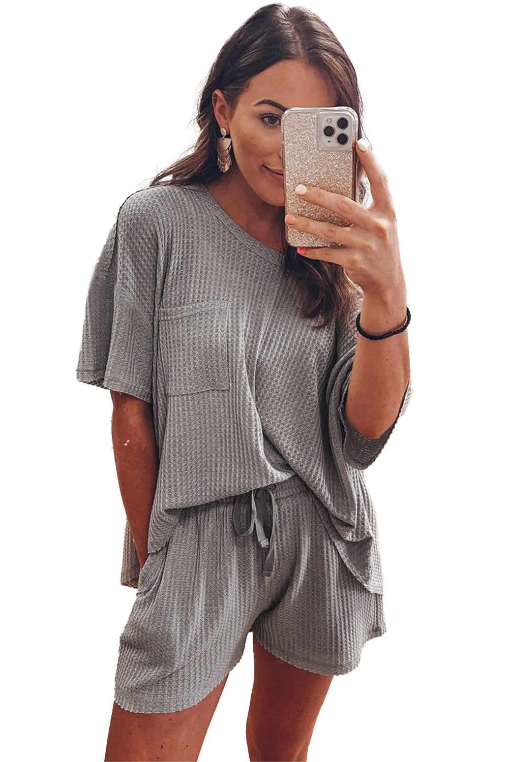 Gray Solid Color Waffle Knit T Shirt and Shorts Set