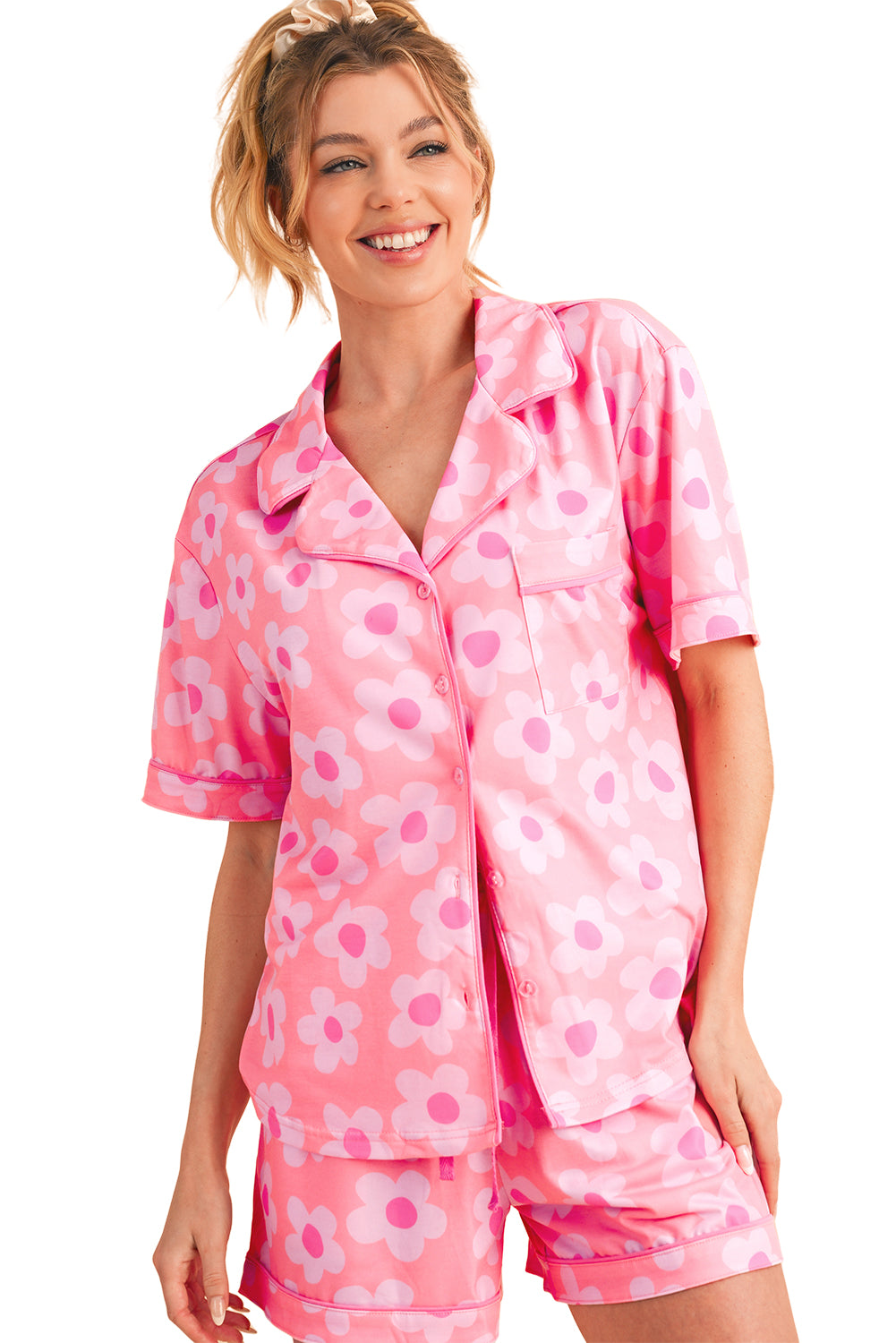 Pink Flower Print Buttoned Shirt And Drawstring Waist Pajama Set