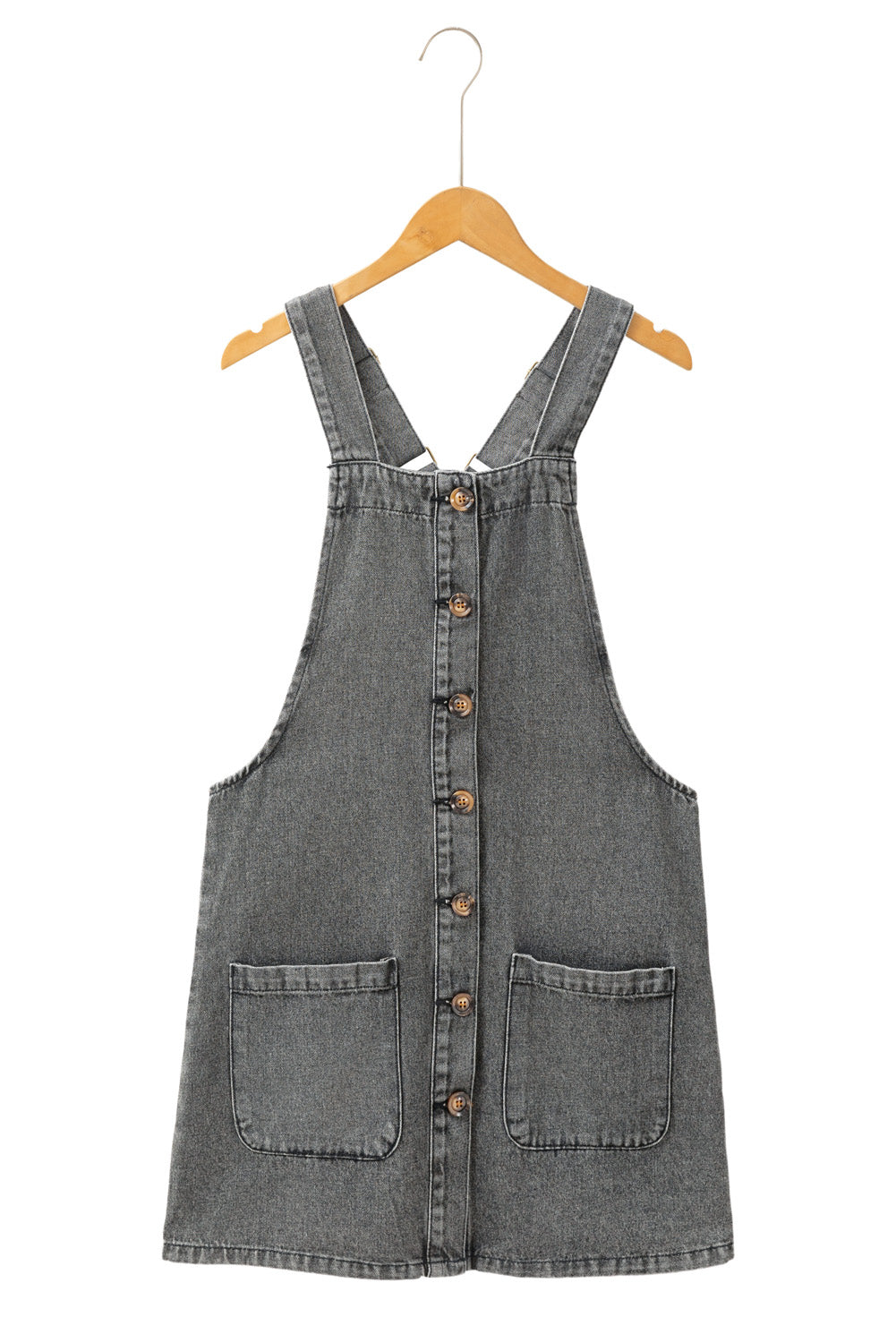 Medium Grey Wide Strap Button Front Pocketed Denim Short Dress