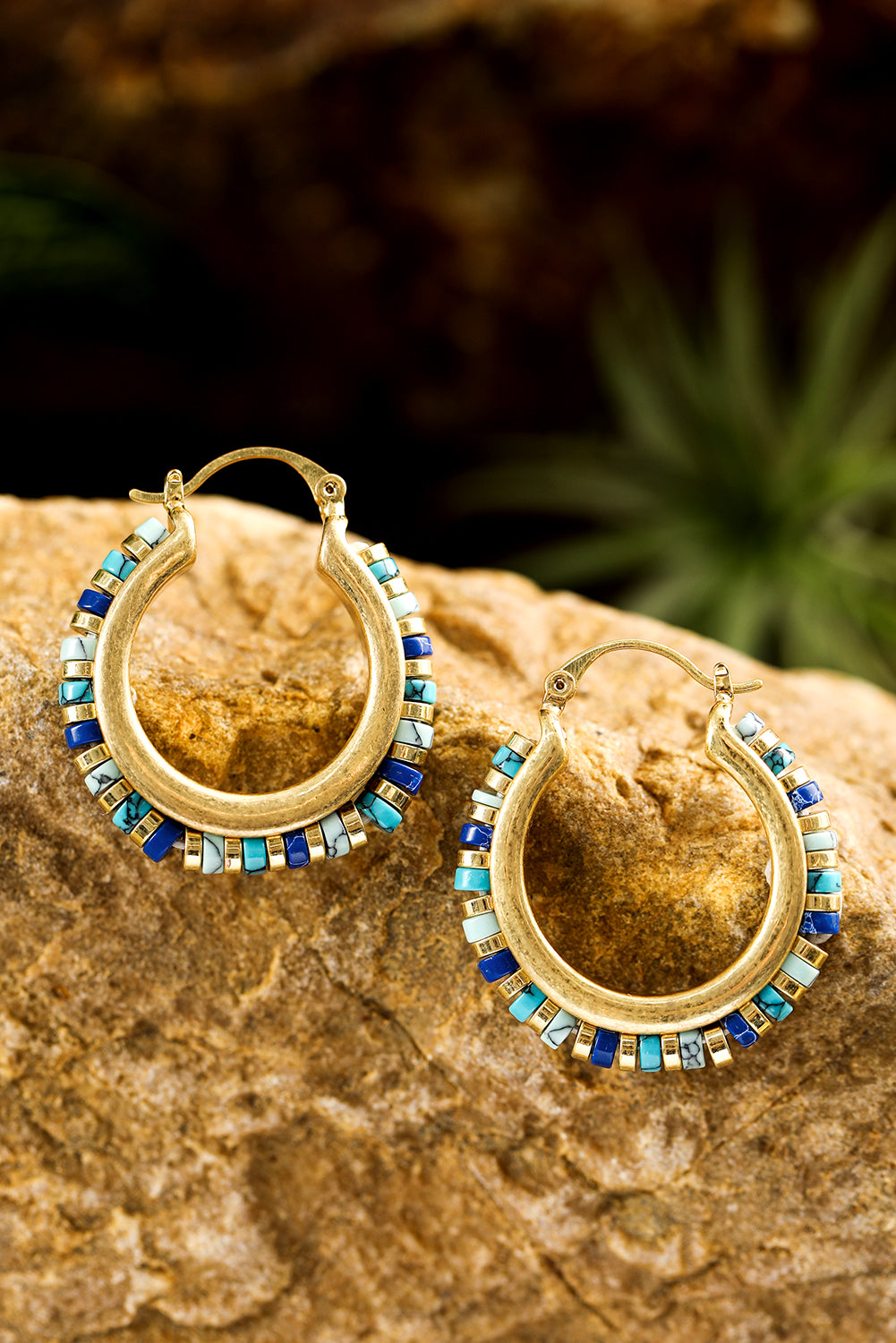 Gold Boho Beaded Turquoise Hoop Earrings