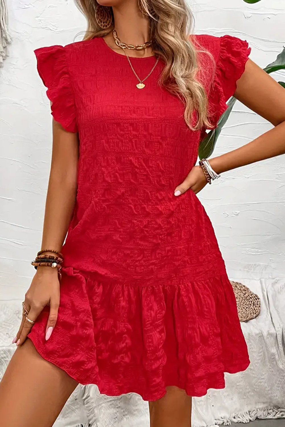 Fiery Red Solid Color Ruffle Trim Sleeveless Dress