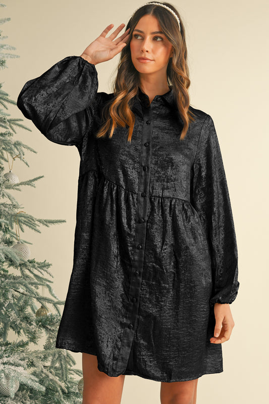 Black Metallic Sheen Puff Sleeve Button Up Mini Shirt Dress