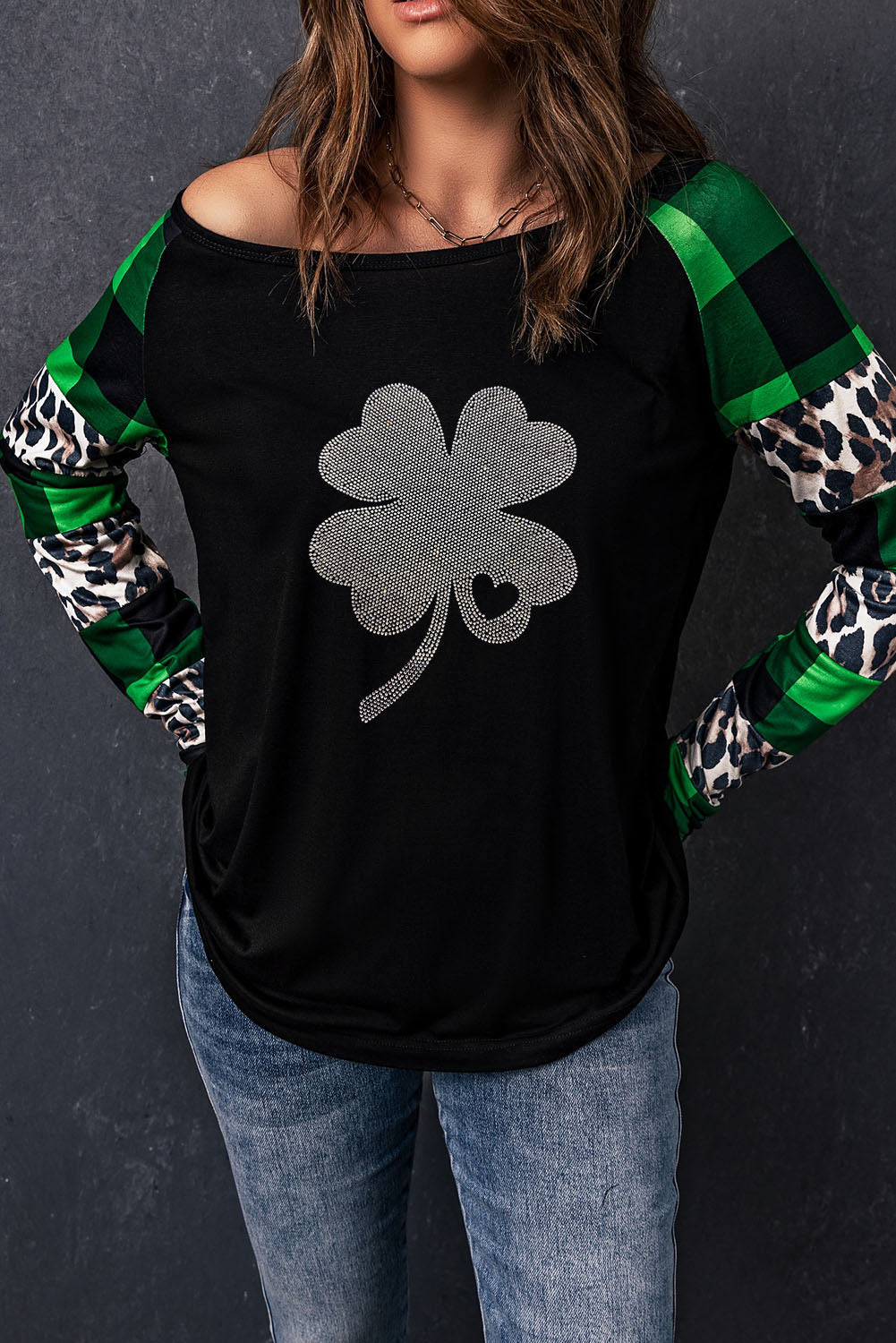 Green Leopard Plaid Patchwork Long Sleeve Rhinestone Lucky Clover Graphic Top