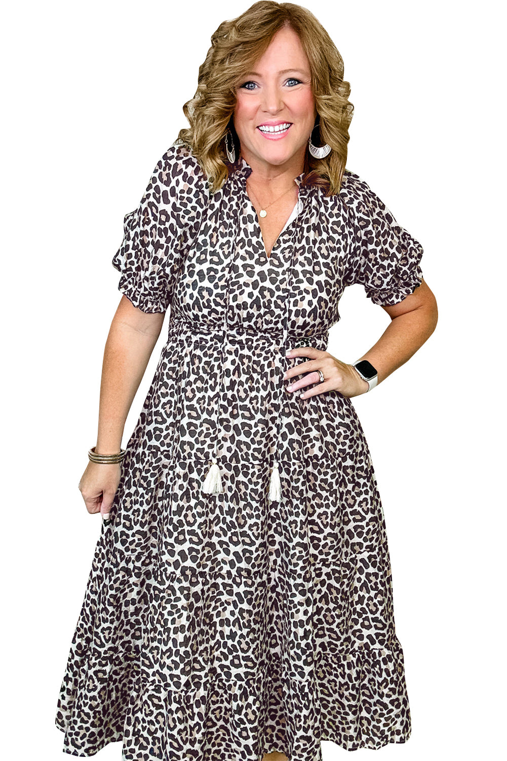 Brown Leopard Tassel Tie Neck Short Sleeve Plus Size Dress