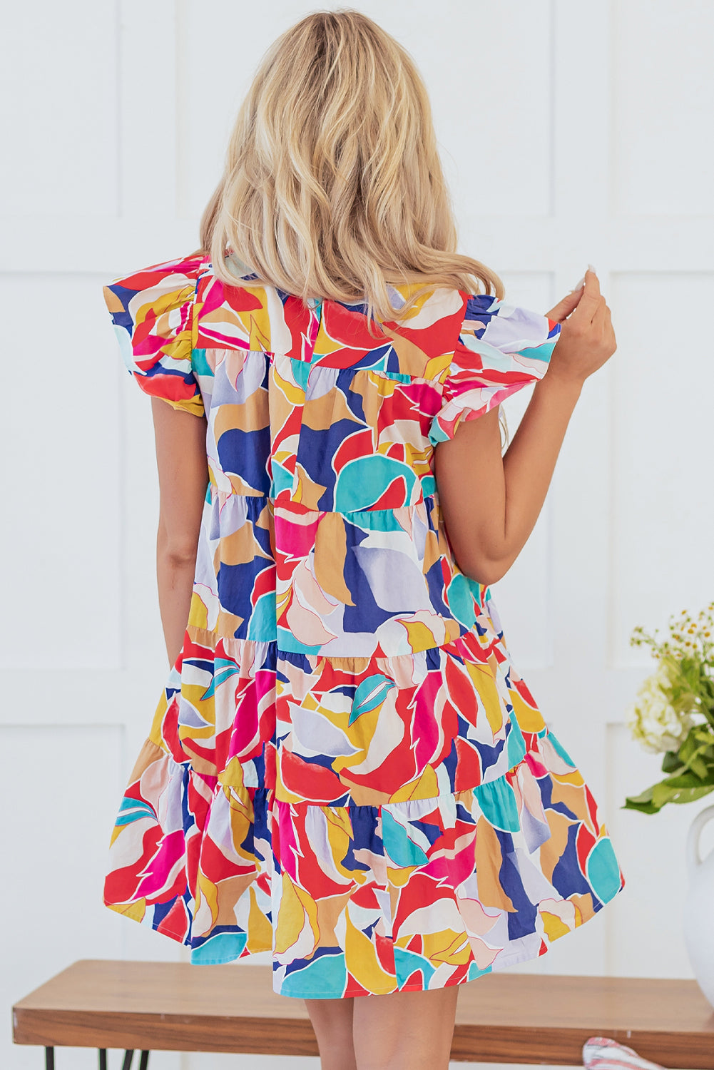 Pink Abstract Printed Flutter Sleeve Tiered Mini Dress