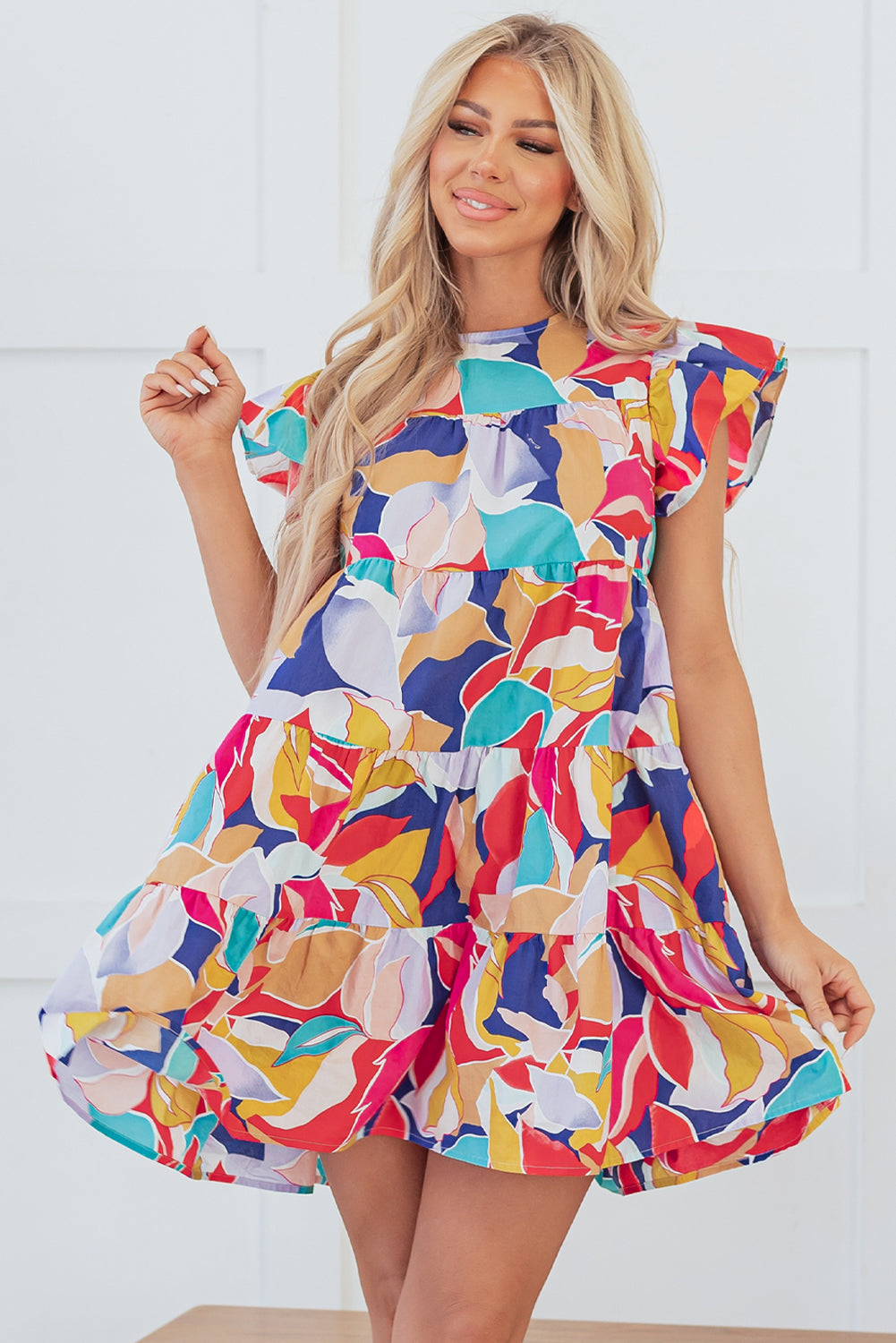 Pink Abstract Printed Flutter Sleeve Tiered Mini Dress