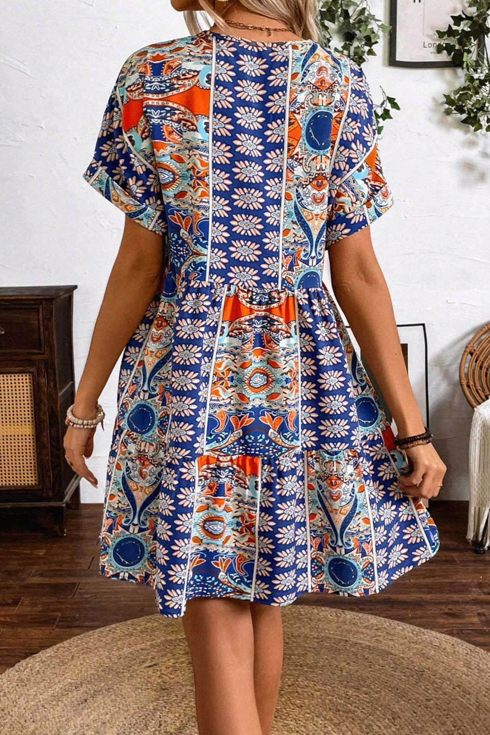 Blue Random Flower Print V-Neck High Waisted Dress