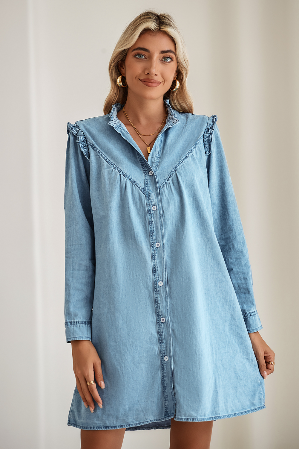 Myosotis Frill V Neck Buttoned Denim Dress