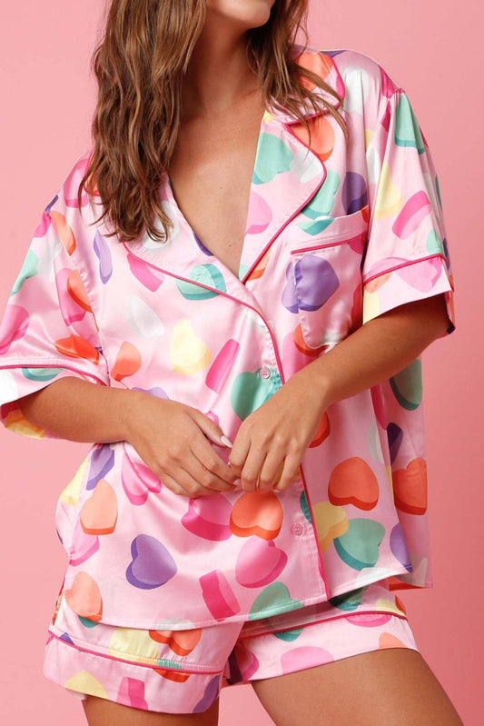 Pink Full Heart Pattern Shirt and Shorts Satin Pajama Set