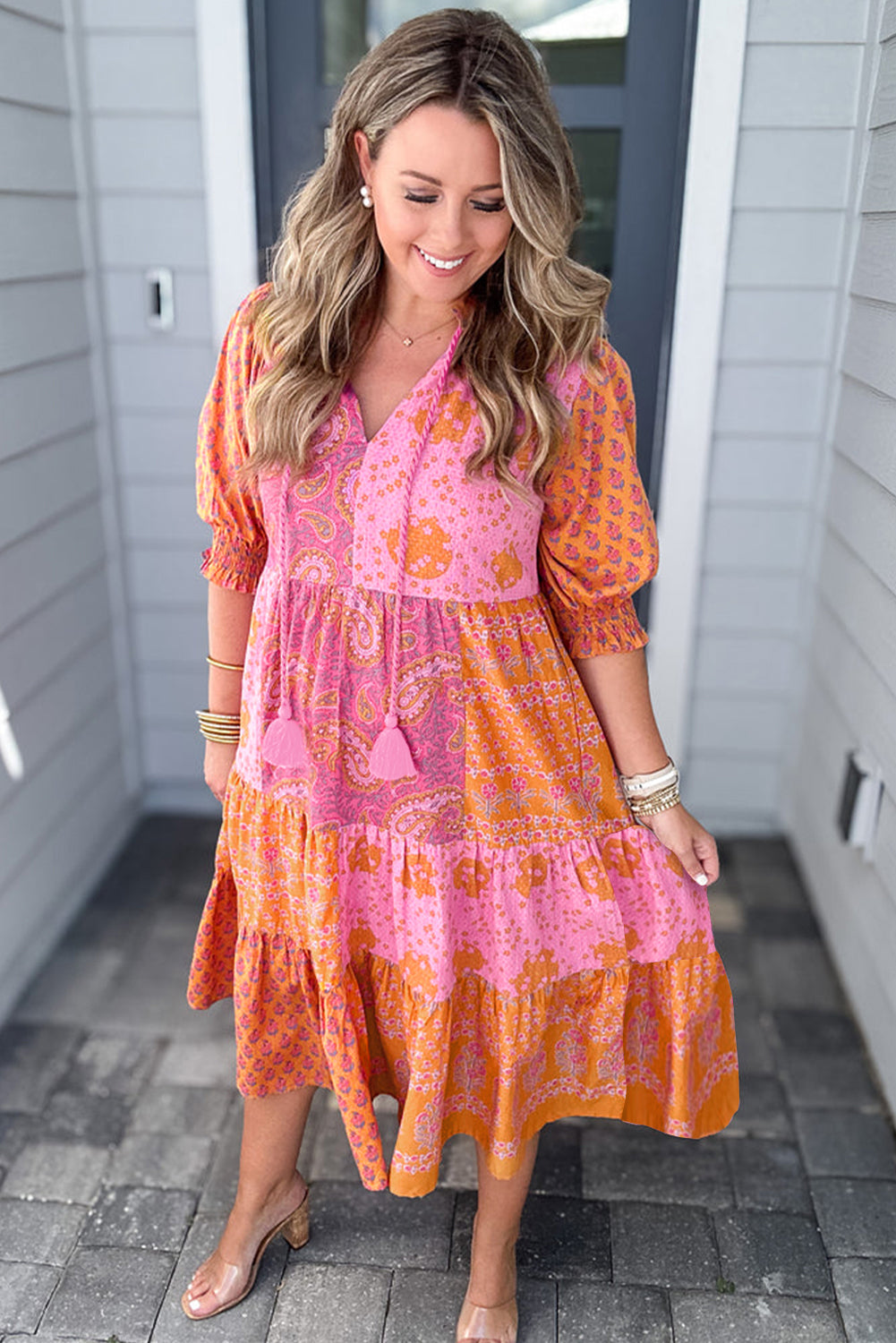 Pink Boho Paisley Floral Patchwork Tassel Tie Plus Size Midi Dress