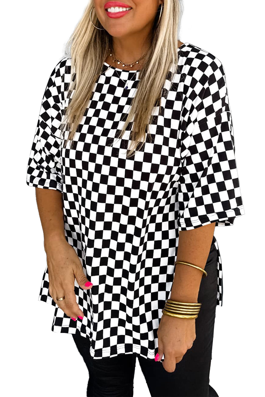 Black Checkered Print Side Slits Plus Size T Shirt