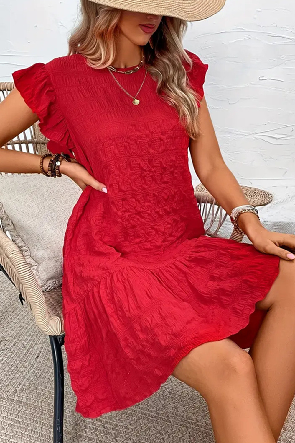 Fiery Red Solid Color Ruffle Trim Sleeveless Dress