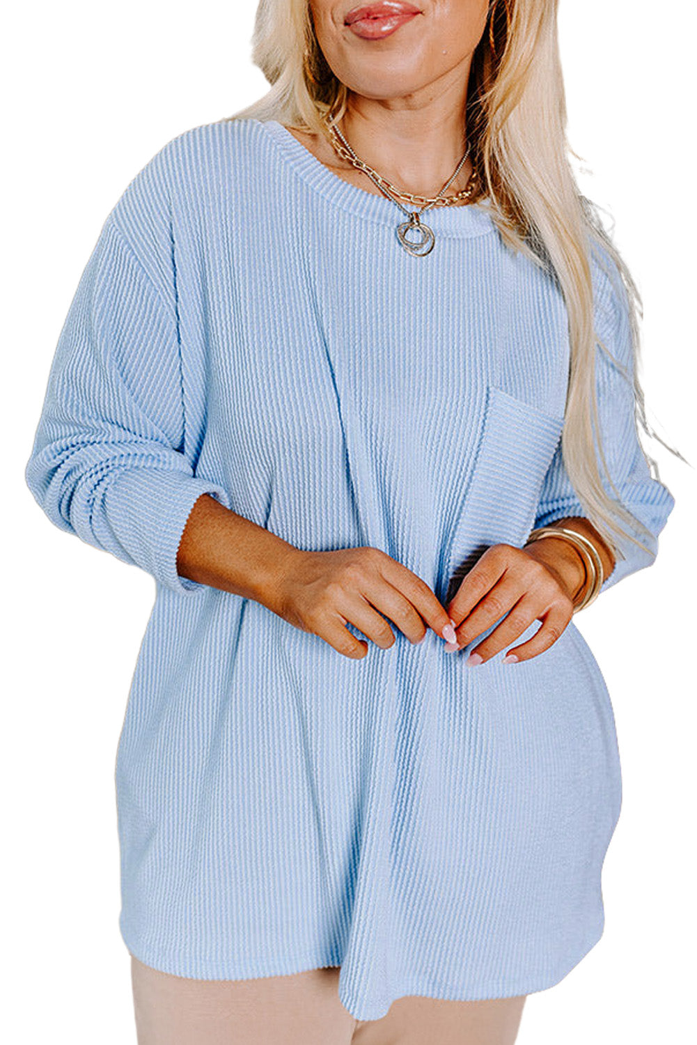 Peach Blossom Plus Size Ribbed Textured Pocketed Long Sleeve Top