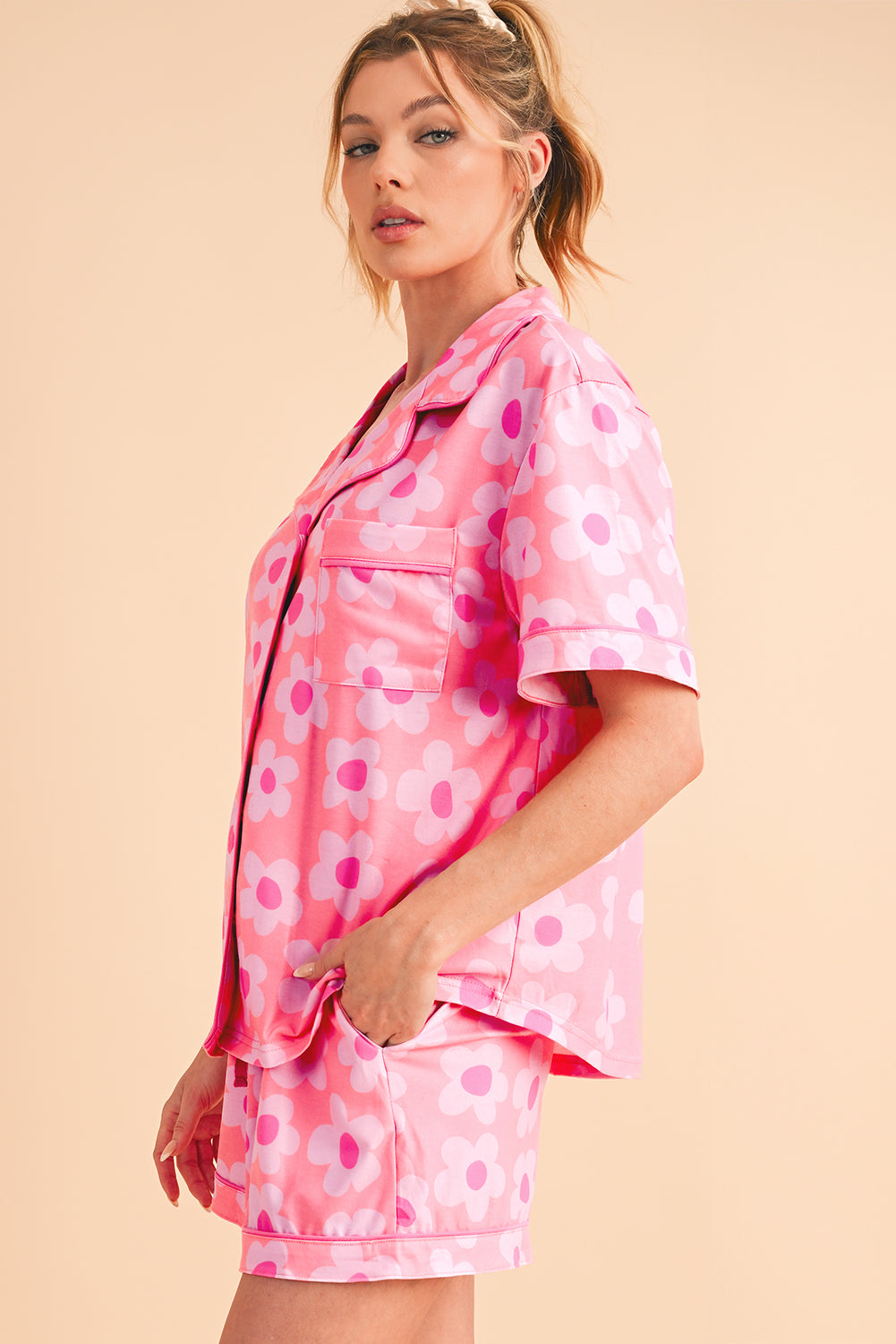 Pink Flower Print Buttoned Shirt And Drawstring Waist Pajama Set